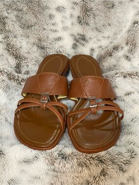 Cole Haan Tan/Brown Leather Slide Sandals with Buckle Detail